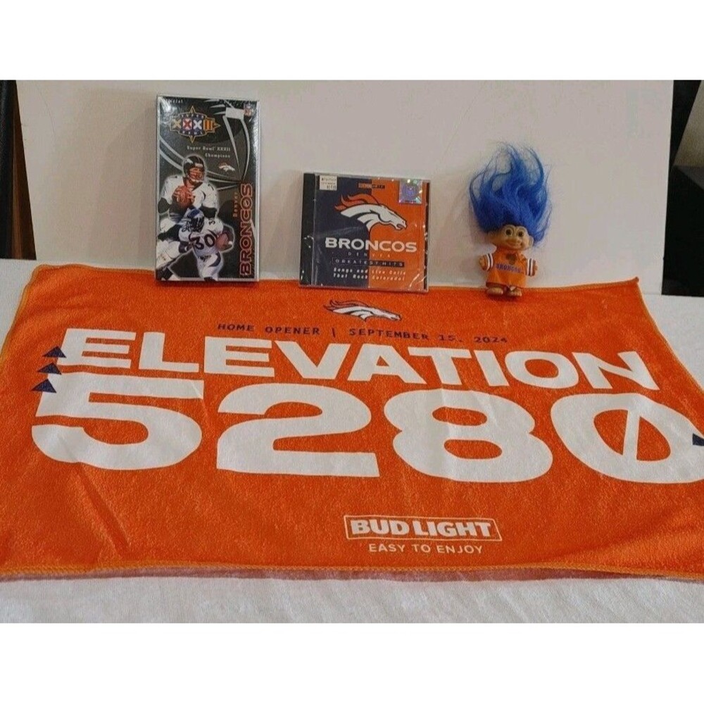 Denver Broncos NFL Fan Bundle. Troll. SuperBowl VHS. Greatest Hits CD. Towel